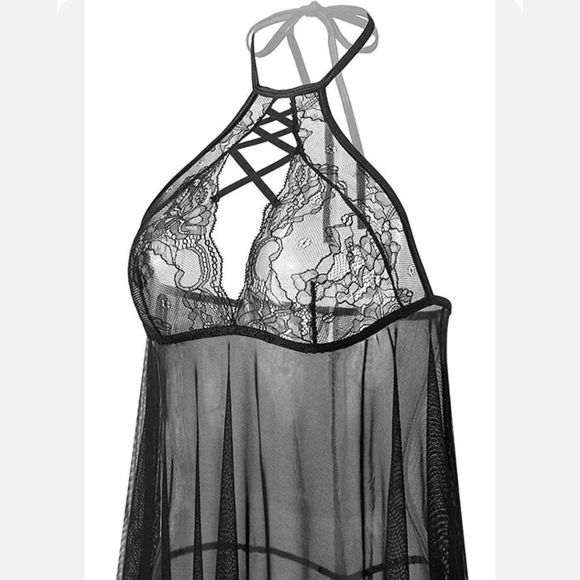 Sexy Lingerie Set Babydoll Lace Floral Halter Sleepwear Set High Neck Chemise US - Picture 3 of 5